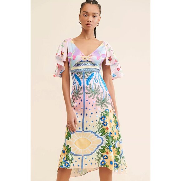 NWT Oceanus Camille Satin Midi Dress Colorful Tropical Floral Small - Picture 1 of 16